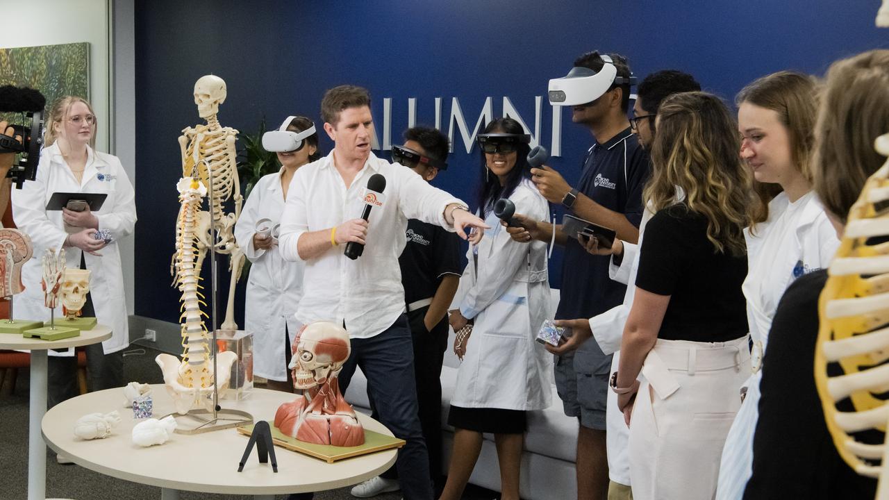 Sunrise weatherman Sam Mac with students at Bond University. Picture: Cavan Flynn/Bond University.