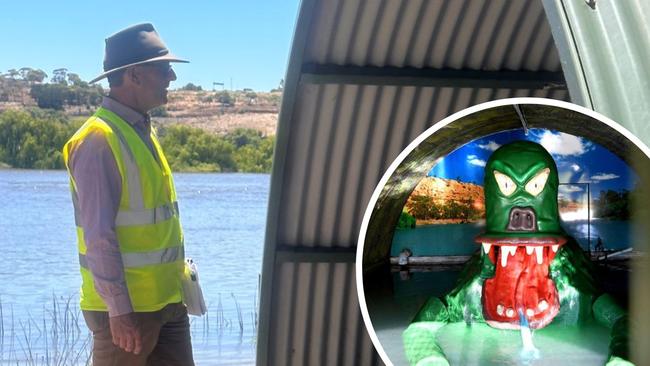 Murray Bridge council’s city infrastructure manager Jason Vaudin checks out Bertha the Bunyip. Picture: Rural City of Murray Bridge/Facebook