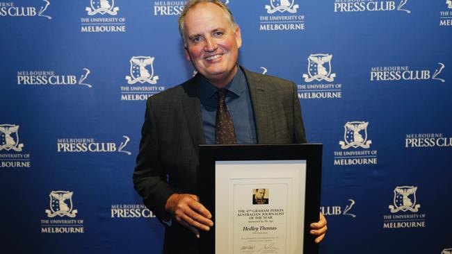 The Australian Journalist Hedley Thomas is awarded with the Graham Perkin Australian Journalist of the Year Award at the Melbourne Press Club.