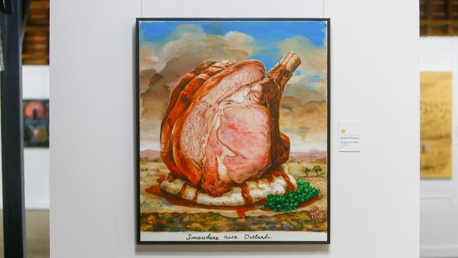 Hobart artist Robert O'Connor won the Glover Prize with his painting of a lamb dinner in a southern Tasmanian agricultural landscape. Picture: PATRICK GEE