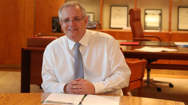 PM Scott Morrison in the Prime Ministers office at Parliament House in Canberra. Picture: Kym Smith