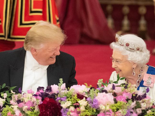 A relaxed-looking monarch smiles as she chats with then US president Donald Trump at a state banquet at Buckingham Palace in 2019. Picture: Dominic Lipinski- WPA Pool/Getty Image