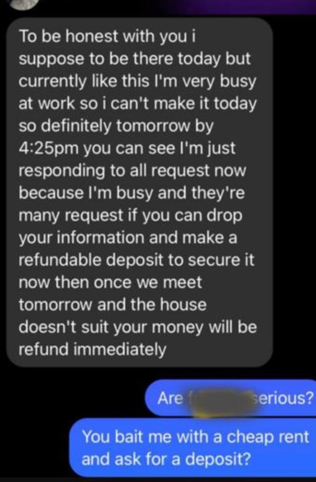 The ‘landlord’ text asking for a deposit, before he had even seen the house. Picture: Facebook