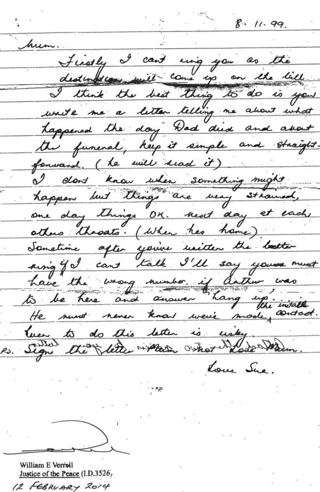 Scan of copy of letter from Susan Thomson to her mother Marie Shaw. It was found by police in their house after Arthur Thomson committed suicide. To go with Mysterydeath story.