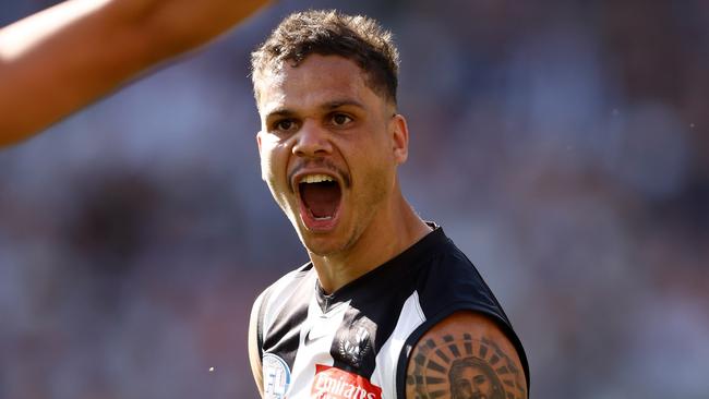 MELBOURNE, AUSTRALIA – SEPTEMBER 30: Bobby Hill of the Magpies celebrates a goal during the 2023 AFL Grand Final match between the Collingwood Magpies and the Brisbane Lions at the Melbourne Cricket Ground on September 30, 2023 in Melbourne, Australia. (Photo by Michael Willson/AFL Photos via Getty Images)