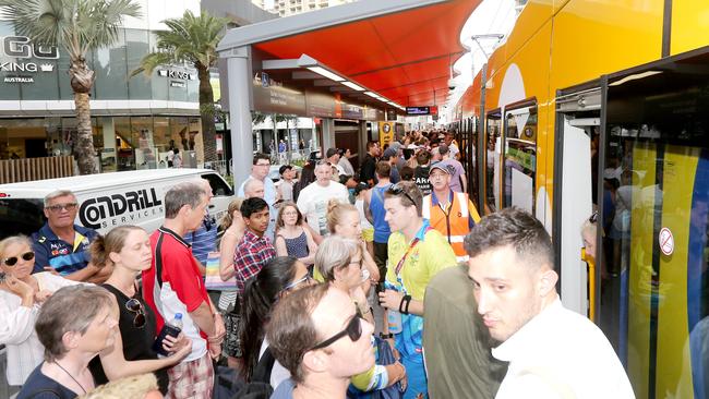 Crowds at Surfers Paradise waiting for the tram. Picture: Mike Batterham