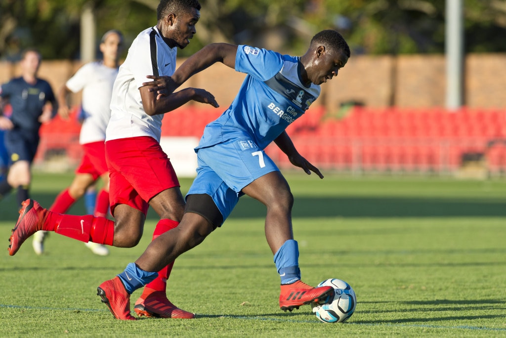 Kimba Kibombo for South West Queensland Thunder against Redlands United in NPL Queensland men round eight football at Clive Berghofer Stadium, Saturday, March 23, 2019. Picture: Kevin Farmer