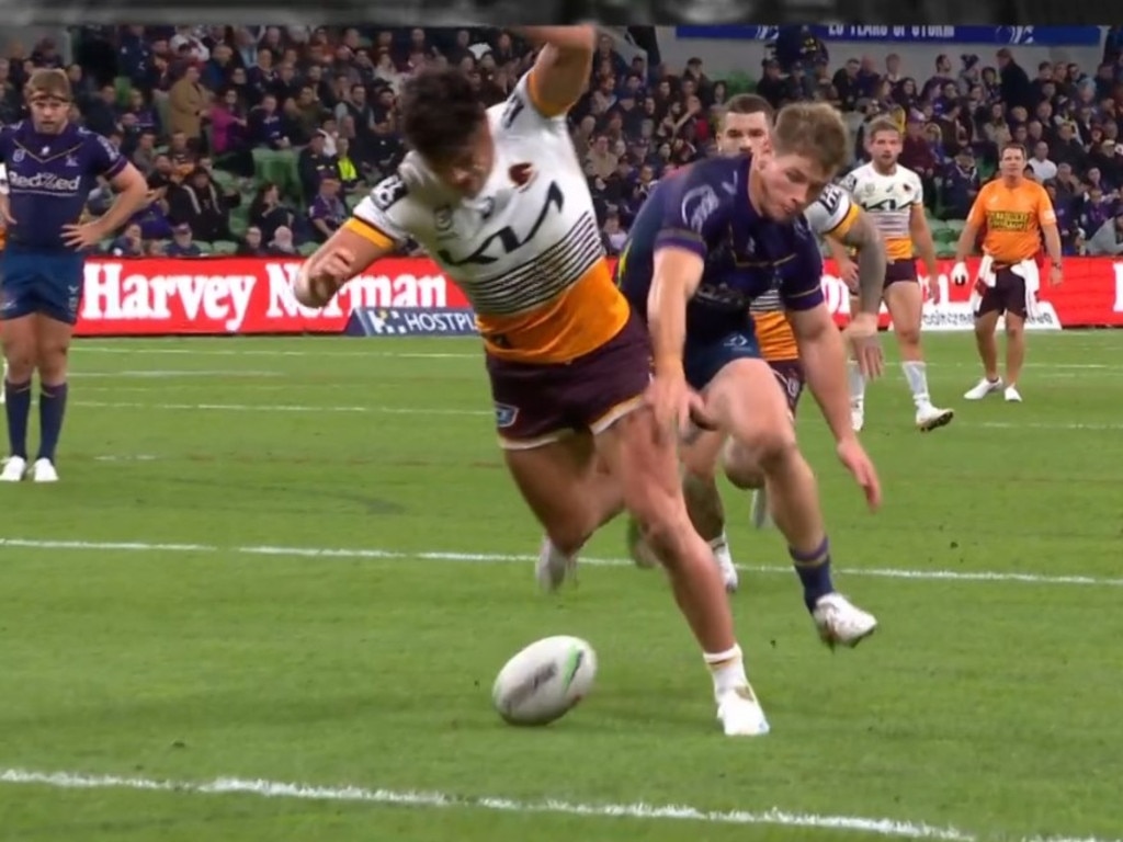 Harry Grant was deemed to have pushed Farnworth in the back. Photo: Fox Sports