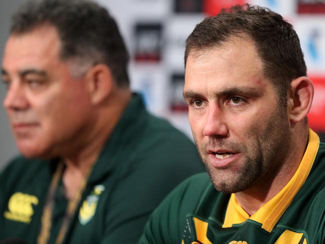 BRISBANE, AUSTRALIA - DECEMBER 02:  Cameron Smith of the Kangaroos talks to the media at a press conference following the 2017 Rugby League World Cup Final between the Australian Kangaroos and England at Suncorp Stadium on December 2, 2017 in Brisbane, Australia.  (Photo by Mark Metcalfe/Getty Images)