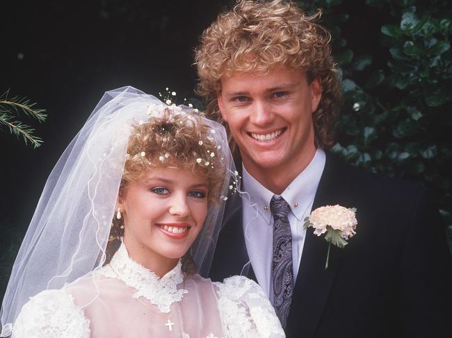 (AAP111) 25 November, 1999 - Century TV Soap: Henry (Craig McLaughlin) and Charlene (Kylie Minogue) at the wedding of Charlene and Scott (Jason Donovan) in Neighbours. (Photo: Grundy Organisation)