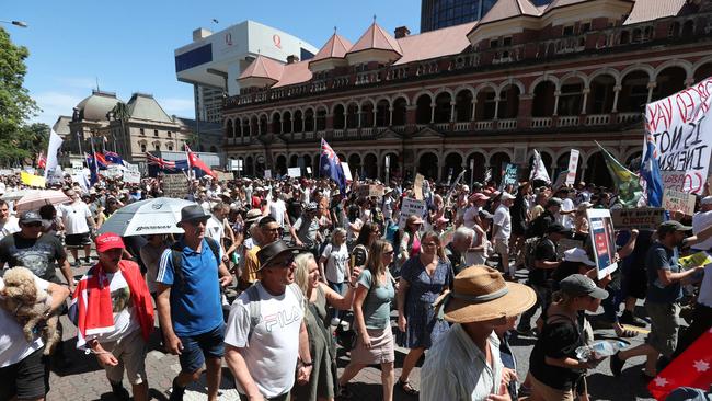 The Freedom Rally in the Brisbane CBD on Saturday. Picture: Annette Dew