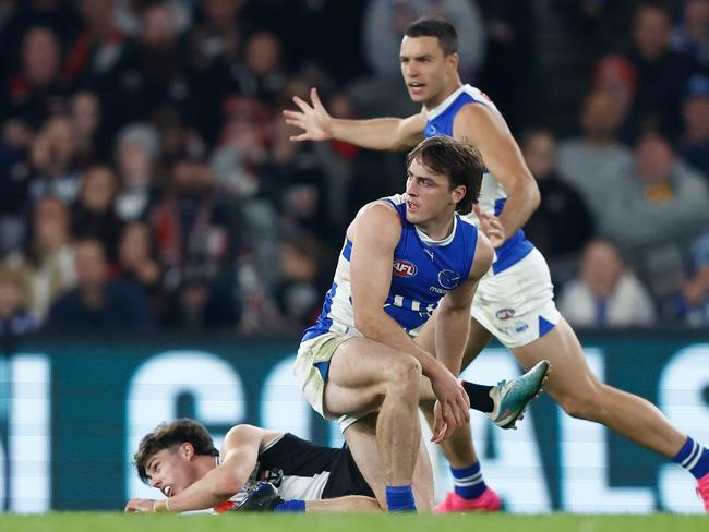 George Wardlaw and Darcy Wilson collide. Picture: Michael Willson/AFL Photos via Getty Images