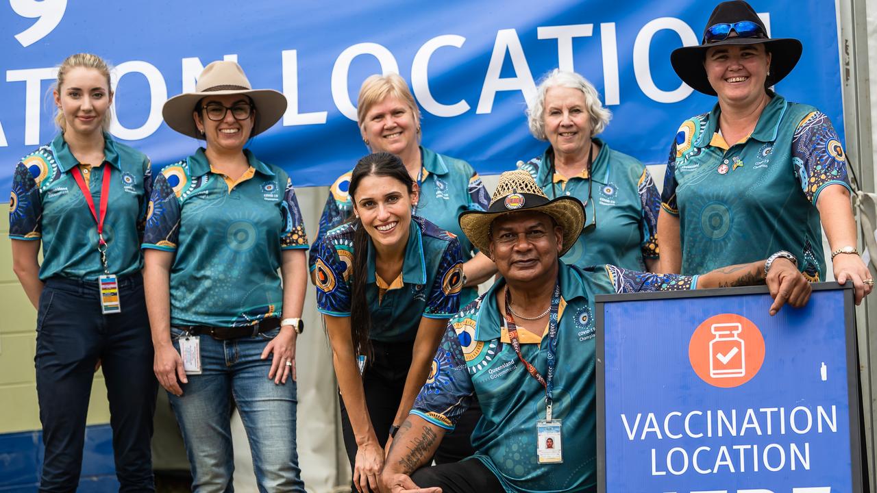 Queensland Health's Pop-up Vaccination Station at Savannah in the Round. With FFrankie Robbin-Hill, Kelly Pollock, Di Elliot, Jan Demaine, Ellie Leszczewicz, Jazmin Carhllgasu and Bevan Bingarape. Picture: Emily Barker.