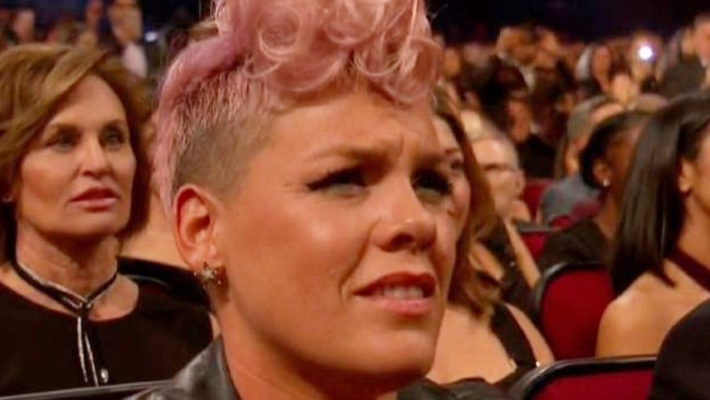 Pink reacts to Christina Aguilera's performance at the 2017 American Music Awards. Picture: Supplied