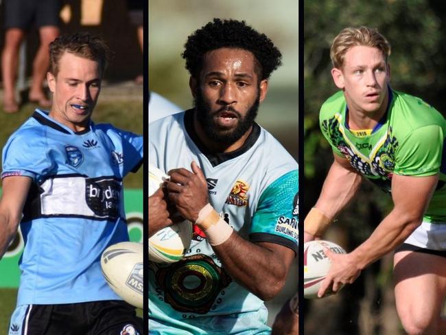 Hamish McClintock from the Ballina Seagulls, Theo Hippi from Northern United and Dan Willoughby from the Tweed Coast Raiders, who all play in the 2023 Northern Rivers Regional Rugby League (NRRRL) competition. Picture: Emma Stockham/Elise Derwin