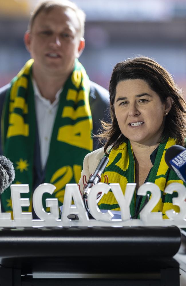 The FA’s Sarah Walsh and Deputy Premier Steven Miles pumped for the Women’s World Cup in 2023. Picture: Matthew Poon