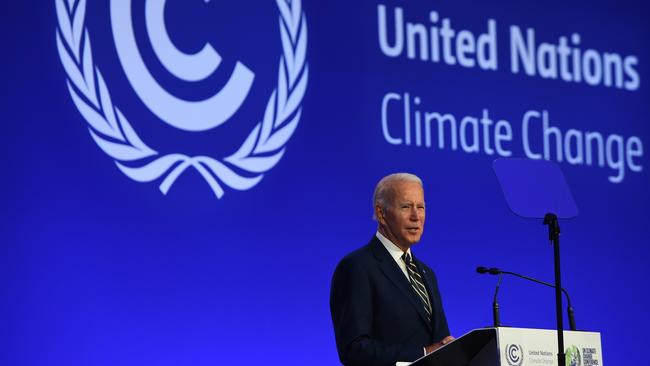 US President Joe Biden presents his national statement during day two of COP26 in Glasgow, United Kingdom. 2021 sees the 26th United Nations Climate Change Conference. Picture: Andy Buchanan