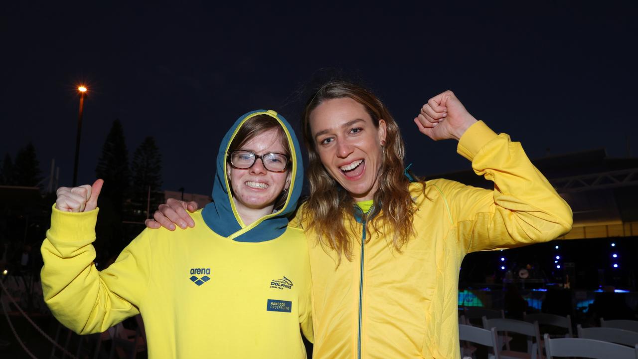 Sarah Wallace 18, and Olympian Tessa Wallace 27, at the Olympic Live site at Kings Beach. Picture Lachie Millard