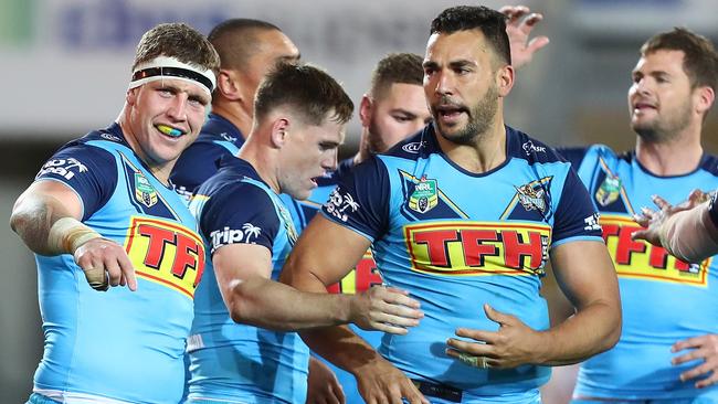 Jarrod Wallace of the Titans celebrates a try during the round 18 NRL match between the Gold Coast Titans and the Sydney Roosters. Photo: Getty Images