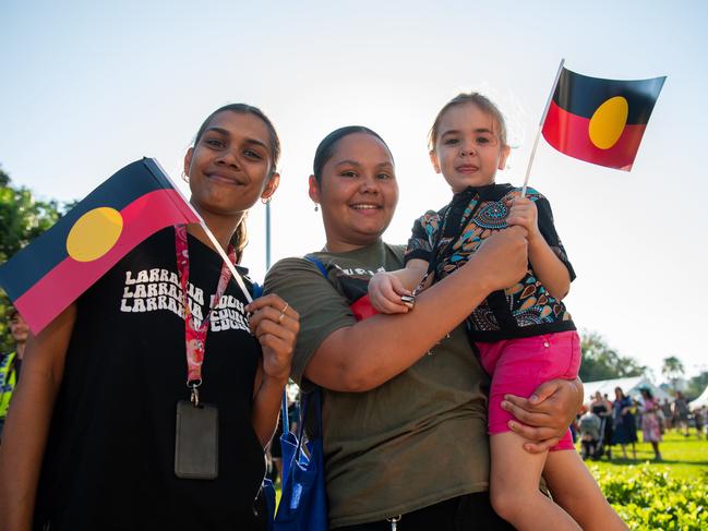 Erica Kurnoth, Jenaya Yarran and Kora Kurnoth attend the NAIDOC march, 2024. The theme this year is 'Keep the fire burning: Blak, loud and proud'. Picture: Pema Tamang Pakhrin