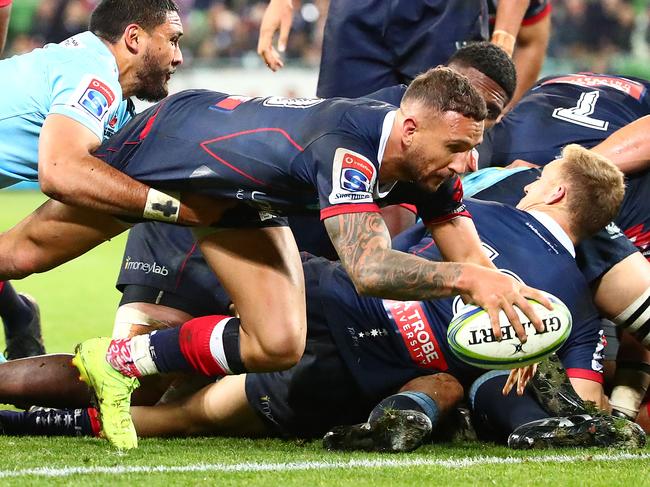 MELBOURNE, AUSTRALIA - MAY 31: Quade Cooper of the Rebels scores a try which was later disallowed during the round 16 Super Rugby match between the Rebels and the Waratahs at AAMI Park on May 31, 2019 in Melbourne, Australia. (Photo by Scott Barbour/Getty Images)