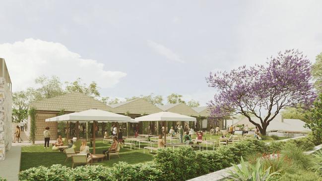 An artist's impression of an outdoor dining area at the proposed $33 million "The Farmhouse" three-restaurant complex at Terrey Hills. Picture: H &amp; E Architects