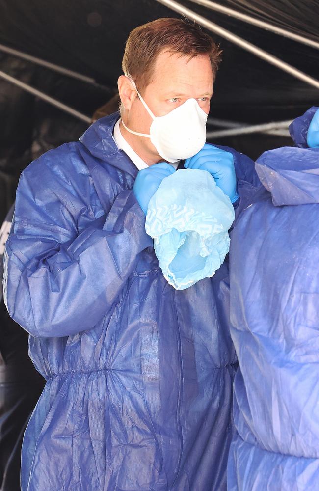 Det Snr Sgt Cameron Blaine visits the crime scene at Tonkin Crescent, Carnarvon. Picture: Jackson Flindell/The West Australian