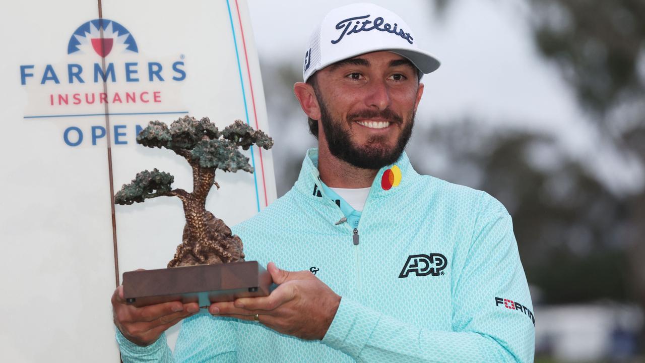 Max Homa celebrates after winning the Farmers Insurance Open. (Photo by Sean M. Haffey / GETTY IMAGES NORTH AMERICA / Getty Images via AFP)