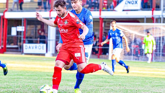 Reigning National Premier Leagues SA champion Campbelltown City is among local soccer clubs calling for ground lease relief. Red Devils’ Marc Marino in action. Picture: Ken Carter