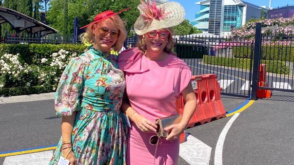 Lord Mayor Sally Capp (right) arrives by limo at the 2023 Melbourne Cup.