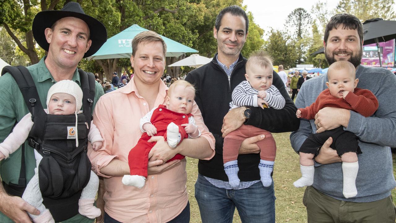 (from left) Sean and Esme Kennedy, Lachie and Boston Brimblecombe, Ziad and Charlie Nehme, Dom and June Collins. Festival of Food and Wine, Queens Park, Toowoomba Carnival of Flowers. Sunday, September 11, 2022. Picture: Nev Madsen.