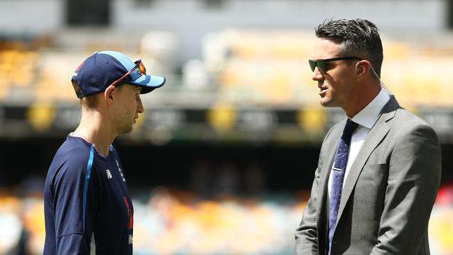 Former England Test Cricketer Kevin Pietersen, right, has advised England captain Joe Root and his men to attack Nathan Lyon’s bowling. Picture: Ryan Pierse/Getty Images