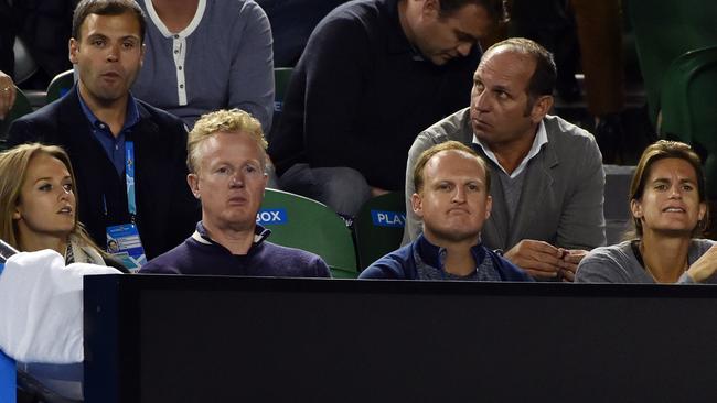 Kim Sears, left, the fiancee of Andy Murray, and former French tennis player Amélie Mauresmo, right, his coach, look on from the player's box last night.