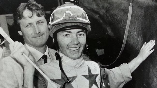 Ipswich jockey Jamie Bayliss celebrates his 1989 Ipswich Cup win aboard Dixie Kid