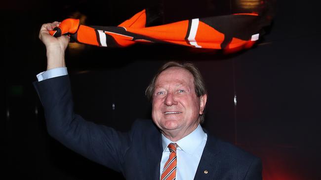 The Giants’ inaugural coach, Kevin Sheedy, swings the club scarf at the GWS Grand Final luncheon in Sydney on Wednesday. Picture. Phil Hillyard