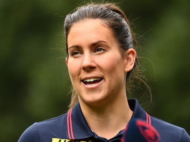 MELBOURNE, AUSTRALIA - MARCH 28: Melbourne Demons AFLW player Libby Birch speaks to the media during a Melbourne Demons AFL and AFLW media opportunity at Melbourne Cricket Ground on March 28, 2022 in Melbourne, Australia. (Photo by Quinn Rooney/Getty Images)