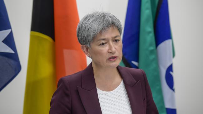 Foreign Minister Penny Wong talking about unpausing funds to aid victims in Gaza. Picture: NewsWire/RoyVphotography