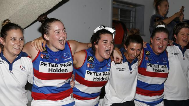 Central District women's players and staff sung the song loud on Friday night after triumphing in the SANFLW for the first time. Picture: Deb Curtis.