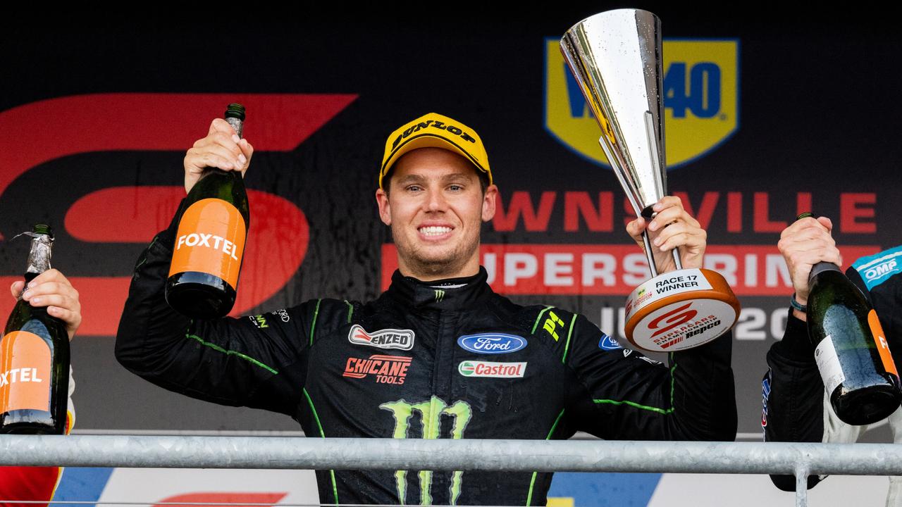 Cameron Waters celebrates after winning race one during the Townsville SuperSprint on Saturday.