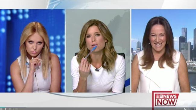 Amber Sherlock berates newsreader Julie Snook for wearing white. Picture: Channel 9