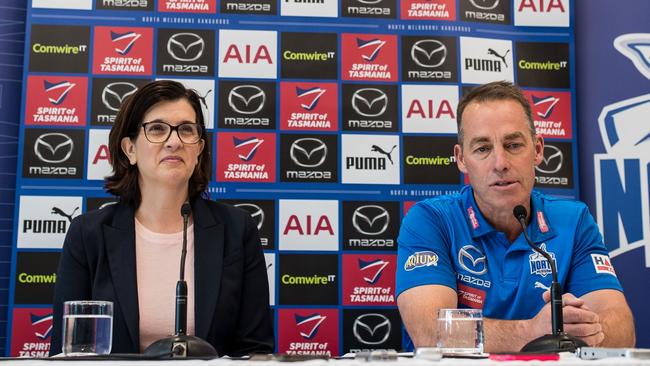 Hood (left) says Alastair Clarkson (right) and football boss Todd Viney are the right people to lead the Kangaroos back up the ladder. Picture: Darrian Traynor / Getty Images