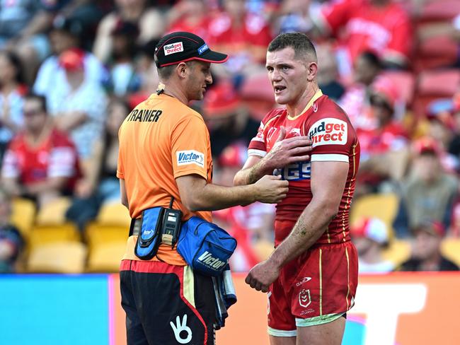 Tom Gilbert is in doubt for State of Origin Game I after suffering a pec intjury in the Dolphins’ loss to the Warriors. Picture: Getty Images