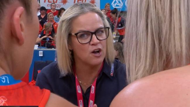 Swifts coach Briony Akle had a dig at the West Coast Fever. Photo: Fox Sports.