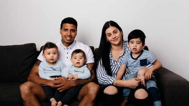 Tim Kelly with partner Caitlin Miller and children Tykeem, and twins Tariq and Trey. Picture: Hails &amp; Shine