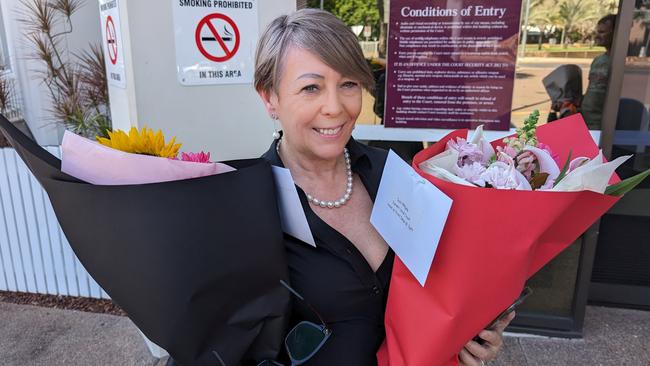 Flowers were delivered to Darwin Local Court addressed to Darwin ex-real estate agent Suzanne Lee Milgate ahead of her assault hearing on Monday, May 13.