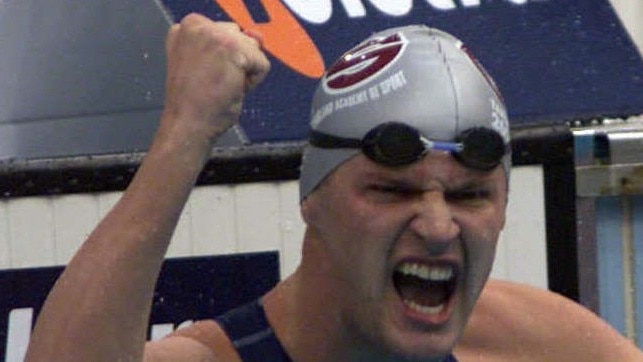 Ipswich swimmer Heath Ramsay displays the euphoria of qualifying for an Olympic Games in his home country. He won the 200m butterfly final at the 2000 Olympic Selection Trials in Sydney. Picture: Brett Faulkner.