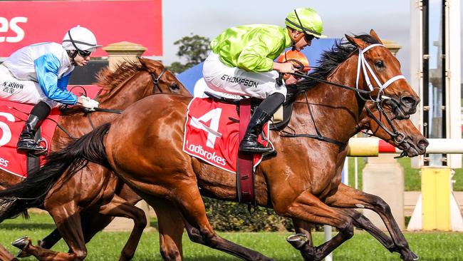 Highly Discreet ridden by Ben E Thompson wins the Happy 21st Birthday Ben Allen 2YO Fillies Maiden Plate at Sale Racecourse on April 28, 2020 in Sale, Australia. (Leonie Grbic/Racing Photos via Getty Images)