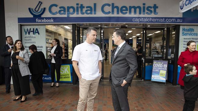 Health Minister Mark Butler and Pharmacy Guild president Trent Twomey brokered the deal after coming to blows over the government’s 60-day dispensing policy. Picture: NCA NewsWire / Gary Ramage