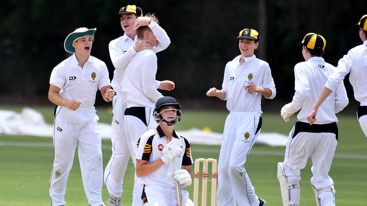 St Laurence's College players celebrate a wicket with Padua batsman Ryan Penbroke the batter out. Padua College v St Laurence's College Saturday February 12, 2022. Picture, John Gass