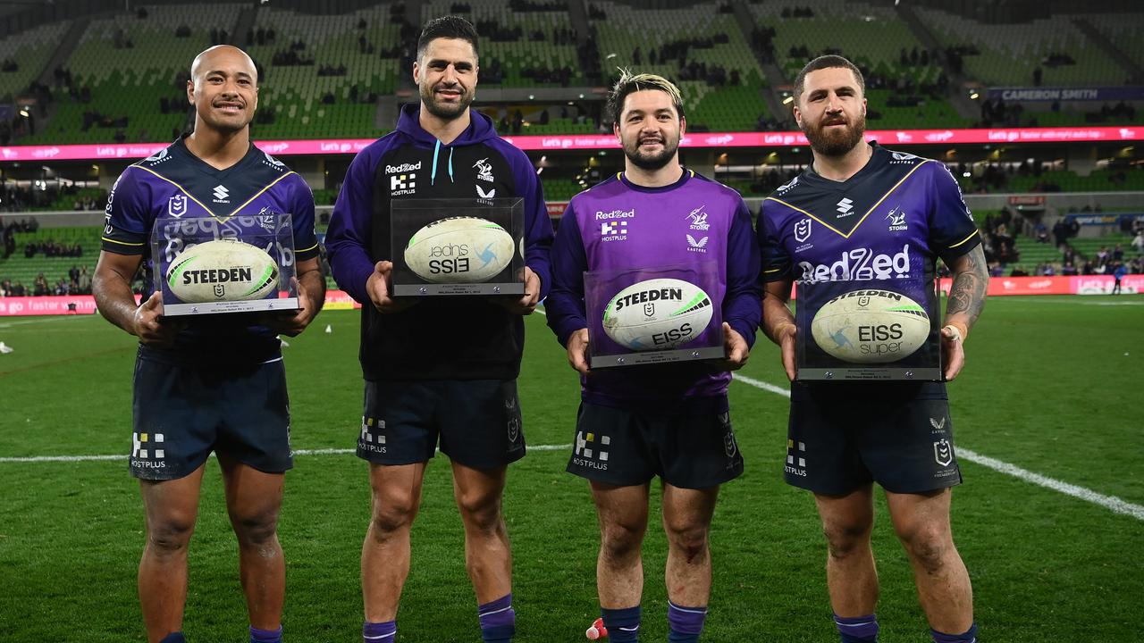 Felise Kaufusi, Jesse Bromwich, Brandon Smith and Kenneath Bromwich after their farewell games. (Photo by Quinn Rooney/Getty Images)